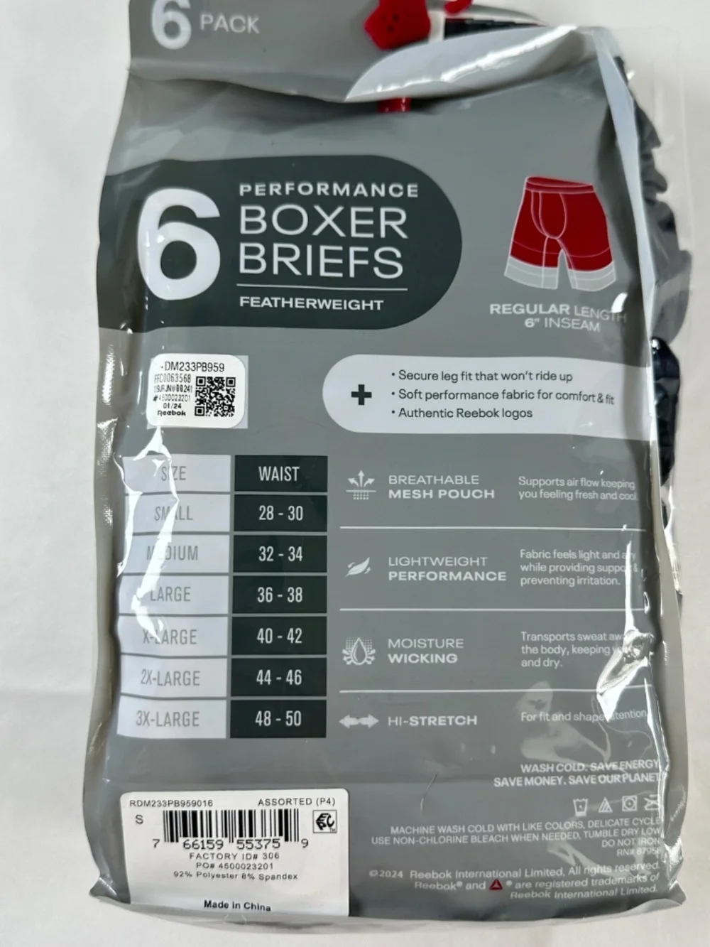 Reebok Performance Boxer Briefs-Size Small-6 pair - Regular Length - 6